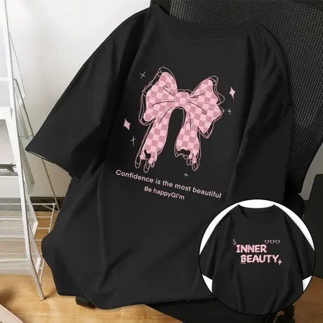 黑色短袖t恤女2023年夏季新款宽松纯棉蝴蝶结半袖体恤设计感上衣商品大图