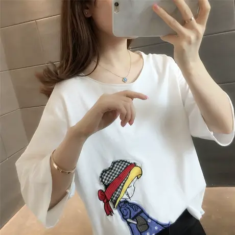 2023新款夏季网红纯色半袖女装卡通女孩可爱宽松显瘦圆领短袖t恤商品大图