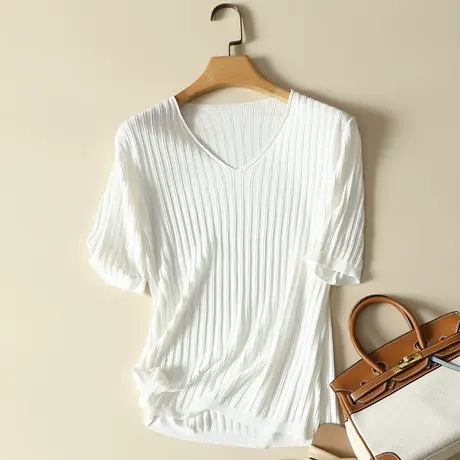 冰丝针织衫女装夏季新款V领宽松套头2022年韩版短袖t恤女百搭上衣商品大图