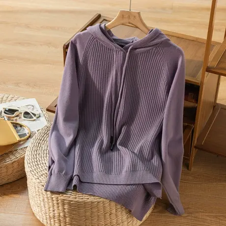 连帽套头针织衫女宽松文艺复古条纹毛衣卫衣式针织上衣女2022新款商品大图