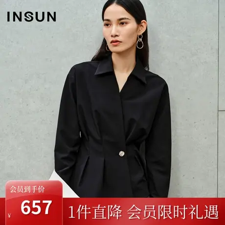 恩裳2023秋季新款斜门襟V领收腰捏褶设计挺括羊毛衬衫女图片