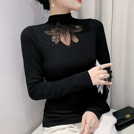 性感镂空T恤女士秋冬加绒加厚半高领打底衫内搭修身显瘦长袖上衣商品大图