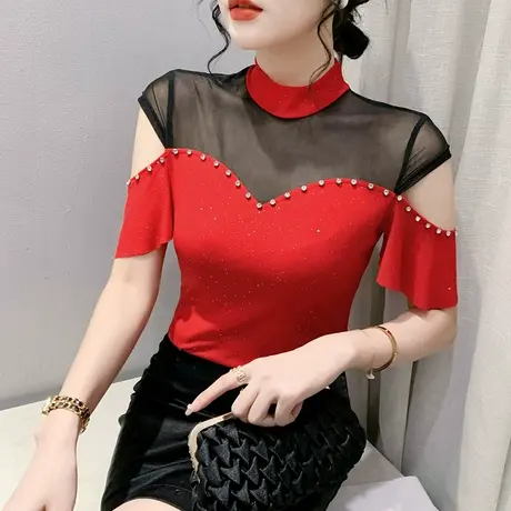 性感网纱拼接T恤女短袖欧货洋气镂空露肩上衣时尚钉珠立领小衫ins商品大图