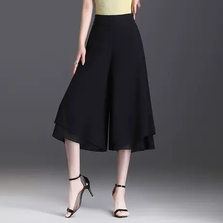 黑色轻薄七分裙裤女夏2023新款阔腿裤宽松大码高腰a字裤裙休闲裤商品大图