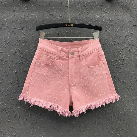 港潮女流苏设计感个性牛仔短裤2023夏季新款洋气烫钻显瘦阔腿热裤商品大图