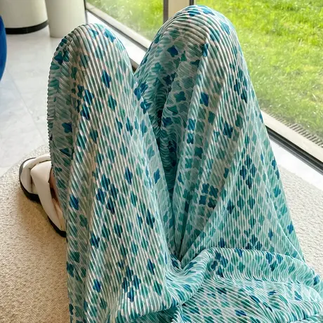 绿色印花阔腿裤女冰丝夏薄款高腰垂感直筒宽松显瘦褶皱休闲拖地裤商品大图