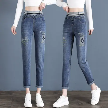 高腰直筒牛仔裤女2023年春秋新款蓝色显瘦宽松烟管裤时尚刺绣女裤商品大图