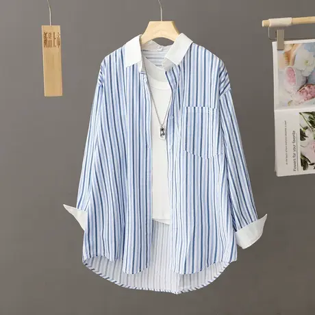 休闲通勤条纹衬衫女中长款2023秋季新款宽松休闲上衣长袖衬衣外套图片