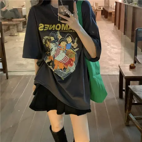 网红短袖t恤女2021夏季薄款宽松韩版ins设计感小众半袖超火上衣服商品大图