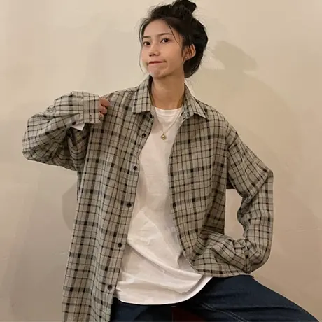 格子长袖衬衣女2021新款春秋复古港味设计感小众上衣洋气法式衬衫图片