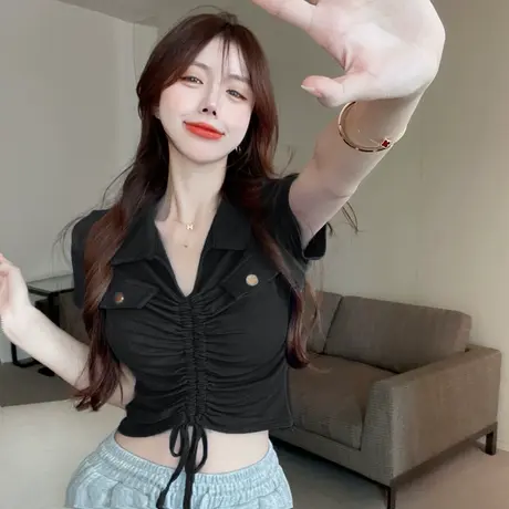 正肩独特别致小上衣2023新款美式复古短袖t恤女夏宽松辣妹polo衫商品大图