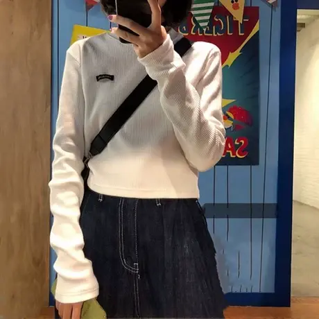 秋冬季白色长袖t恤女装棉质打底衫外穿内搭秋衣体恤新款百搭上衣商品大图