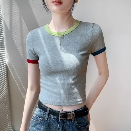 灰色t恤女2023夏季新款撞色正肩修身夏日多巴胺穿搭辣妹上衣短款商品大图