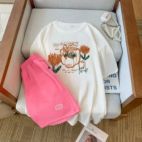 网红炸街运动服套装跑步女夏季薄款宽松短袖短裤小个子休闲两件套商品大图