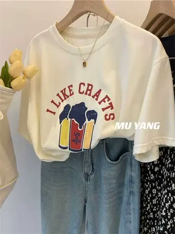 韩系 软软亲肤棉质卡通啤酒印花短袖T恤女宽松套头半袖百搭上衣潮商品大图