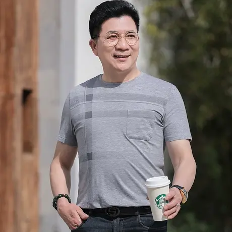 男士短袖t恤圆领夏季冰丝中年宽松半袖体恤老年人爸爸装汗衫上衣商品大图