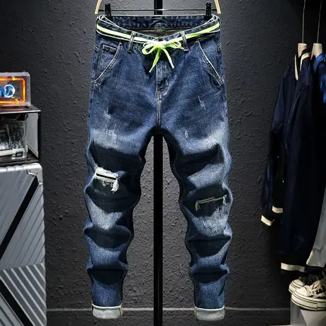 春秋款蓝色破洞牛仔裤男直筒宽松百搭休闲长裤子男潮牌日系复古男商品大图