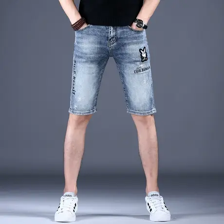 夏天五分超薄裤子男士刺绣潮牌牛仔短裤秋款男裤中裤休闲弹力宽松商品大图