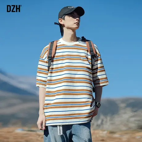 男生条纹短袖t恤男潮牌宽松半袖男款2023新款夏季情侣体恤圆领商品大图