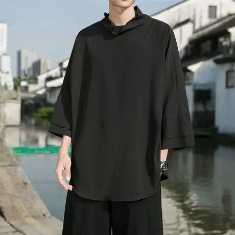 暗黑系山本耀司冰丝短袖T恤男夏季小众设计感蝙蝠衫五分袖大码图片