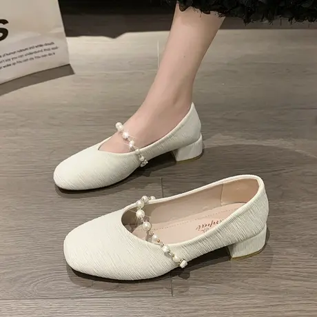 2023年新款法式一字带珍珠低跟玛丽珍鞋女圆头浅口软皮粗跟单鞋女商品大图