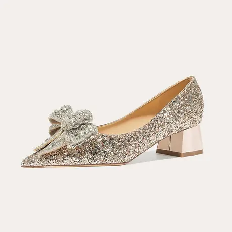 金色婚鞋女粗跟2023年春季新款蝴蝶结尖头高跟鞋性感百搭浅口单鞋图片