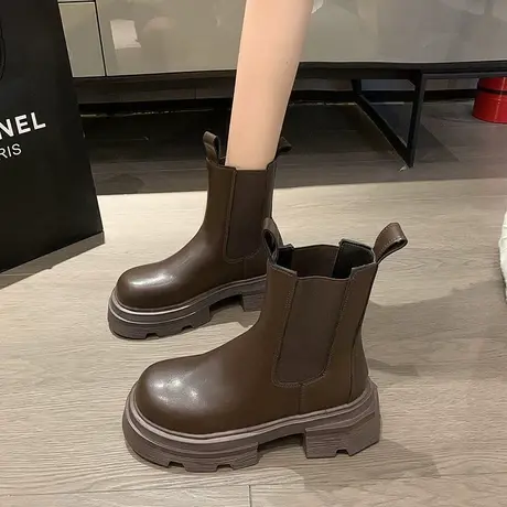 烟筒靴帅气圆头复古英伦风马丁靴女2023秋季新款超火粗跟显瘦短靴图片