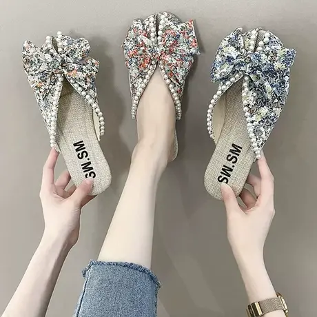 小碎花拖鞋女春外穿2023新款韩版百搭蝴蝶结包头半拖鞋懒人鞋低跟图片