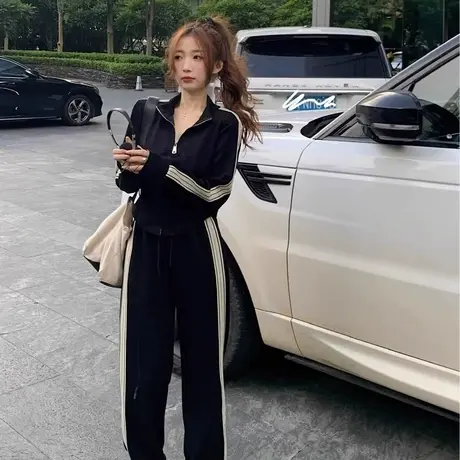 春秋新款女装胖mm大码盐系轻熟两件套休闲时尚长裤运动套装200斤图片