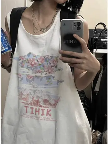 美式复古纯棉吊带运动坎肩背心无袖t恤女夏季外穿宽松篮球服上衣商品大图