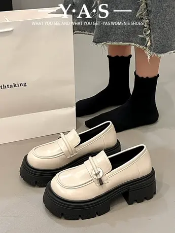 百搭配裙子白色复古网红小皮鞋女2024新款春秋法式粗跟一脚蹬单鞋商品大图