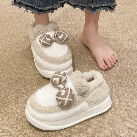 冬季棉拖鞋女可爱蝴蝶结拼色毛毛绒月子保暖厚底室内居家包跟棉鞋商品大图
