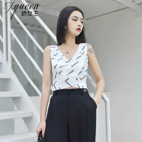 短款小背心女夏季新款百搭韩版V领露脐外穿百搭无袖印花雪纺衫薄商品大图