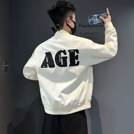 2023秋款潮牌棒球领休闲外套ins字母印花痞帅潮男机车服夹克上衣商品大图
