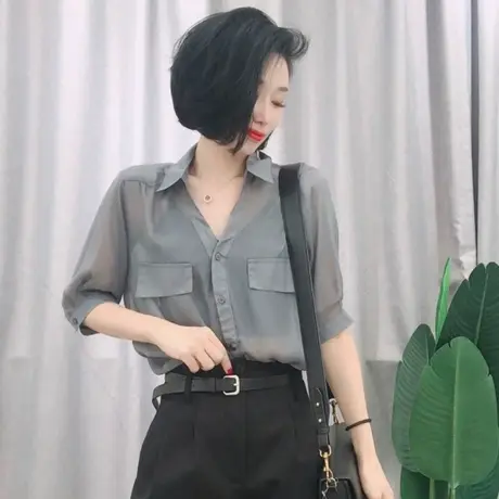 欧洲站2023夏装新款时尚气质薄款衬衫女宽松百搭设计感雪纺上衣潮商品大图