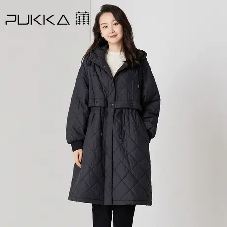 蒲PUKKA 棉衣女网格纹单排扣保暖棉服秋冬风衣外套连帽御寒棉衣图片