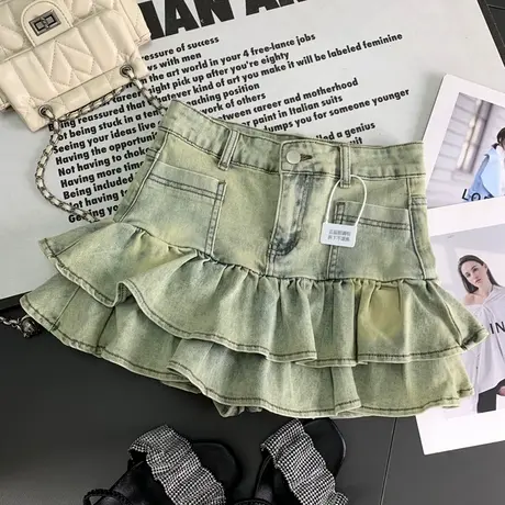 美式高街百褶牛仔短裙女2024夏季新款小个子防走光弹力包臀a字裙图片