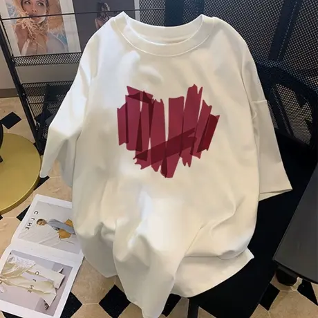 慵懒风大码t恤女夏季短袖胖mm宽松显瘦ins潮正肩美式复古chic上衣商品大图