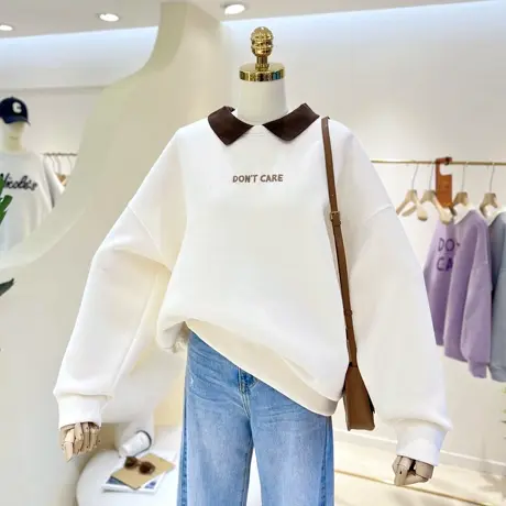 2023百搭假两件简约刺绣后背字母宽松显瘦拼接Polo领套头卫衣女商品大图