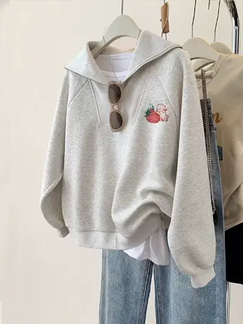 hiphop潮牌加绒套头卫衣女秋冬ins潮大码美式复古半拉链外套上衣商品大图