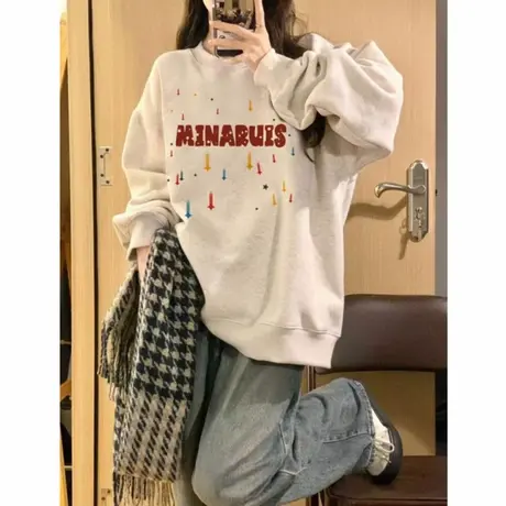 美式花灰色无帽正肩圆领卫衣女春秋款加绒2025新款爆款小个子上衣商品大图