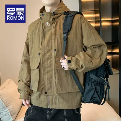 罗蒙冲锋衣男士2025春秋季新款户外登山服男宽松连帽工装夹克男款商品大图