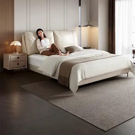 全友家居皮艺床现代简约轻奢主卧1.8米床高靠双软包真皮床商品大图