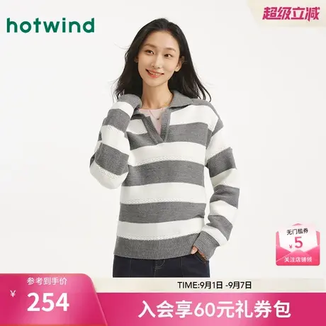 热风女士条纹针织衫毛衣2025年秋季新款翻领宽松针织衫打底毛衣商品大图