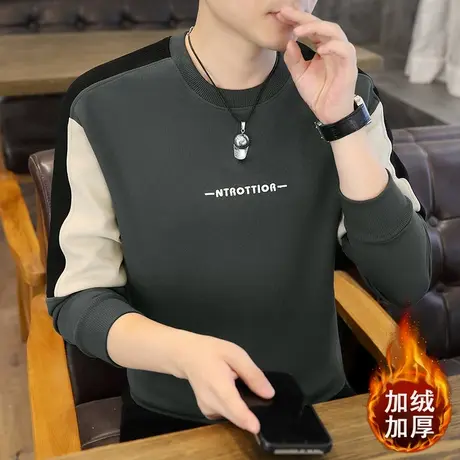 秋冬季新款长袖T恤男时尚休闲刺绣百搭撞色卫衣潮牌加绒加厚上衣商品大图