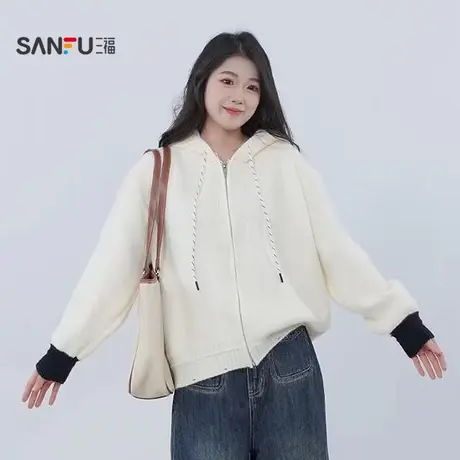 三福毛衣2025秋季抽绳带帽拼色袖口宽松开衫上衣女装511395商品大图