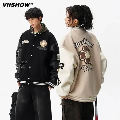 VIISHOW美式复古刺绣棒球服外套男秋季潮牌休闲情侣PU皮拼接夹克商品大图