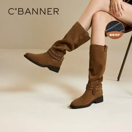 千百度美拉德粗跟骑士靴女2025冬季新款加绒保暖瘦瘦靴高筒长靴子图片