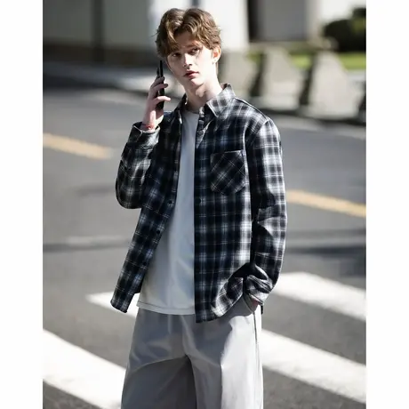 唐狮春秋加绒法兰绒格纹长袖衬衫男外套时尚保暖流行潮男装TD图片