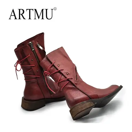 Artmu阿木原创定制复古中筒靴女2023新款绑带高筒靴子西部牛仔靴商品大图